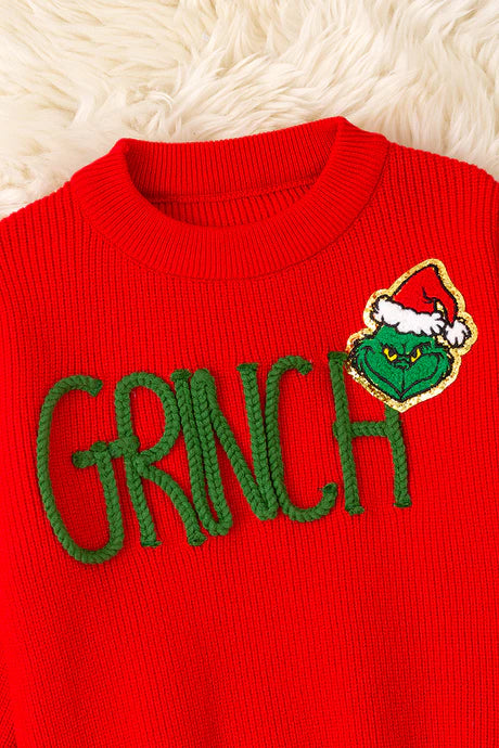 Girls Red Christmas Grinch Knitted Sweater