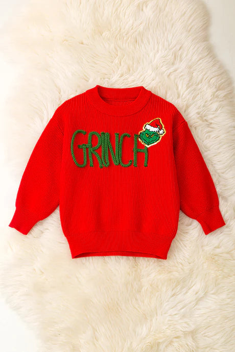 Girls Red Christmas Grinch Knitted Sweater
