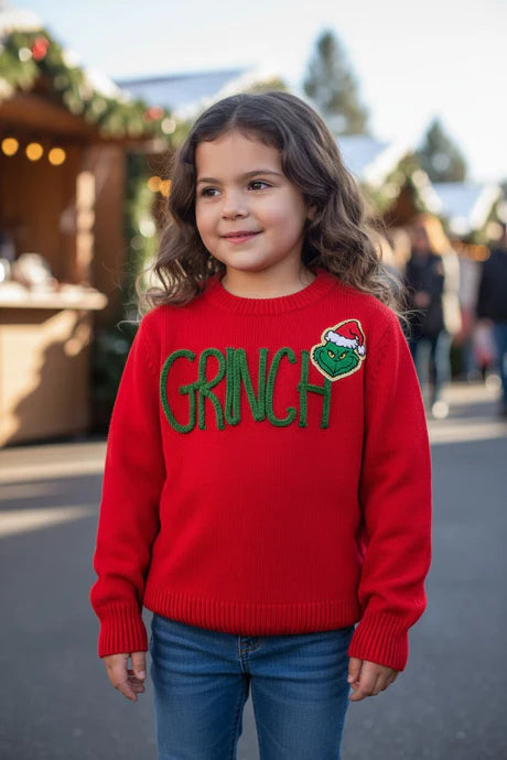Girls Red Christmas Grinch Knitted Sweater