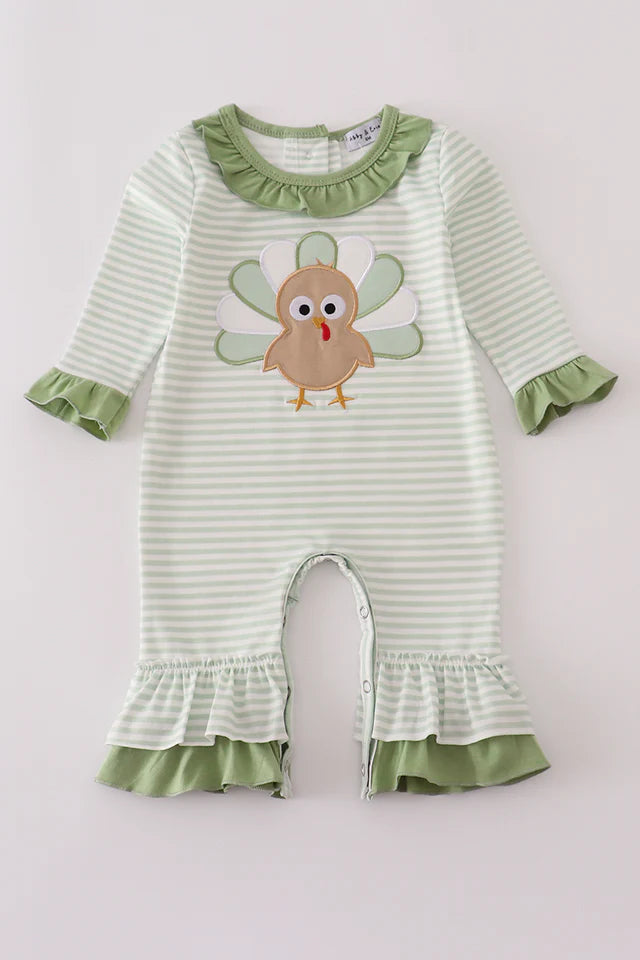Girls Sage Turkey Applique StripeRuffle Romper