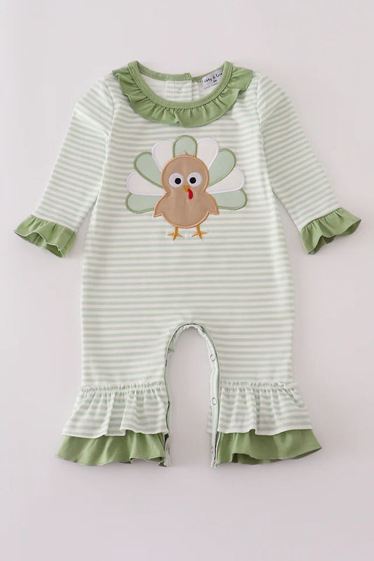 Girls Sage Turkey Applique StripeRuffle Romper
