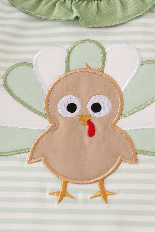 Girls Sage Turkey Applique StripeRuffle Romper