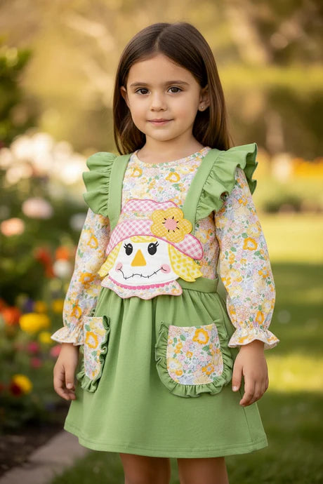 Girls Scarecrow Suspender Dress With Floral Undershirt
