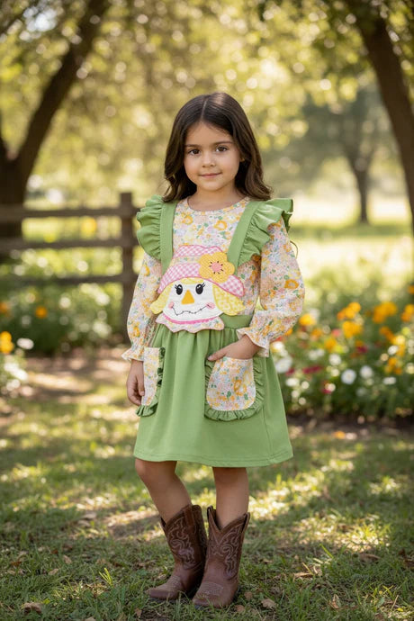 Girls Scarecrow Suspender Dress With Floral Undershirt