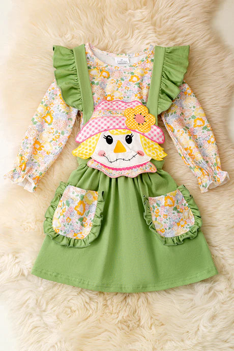 Girls Scarecrow Suspender Dress With Floral Undershirt