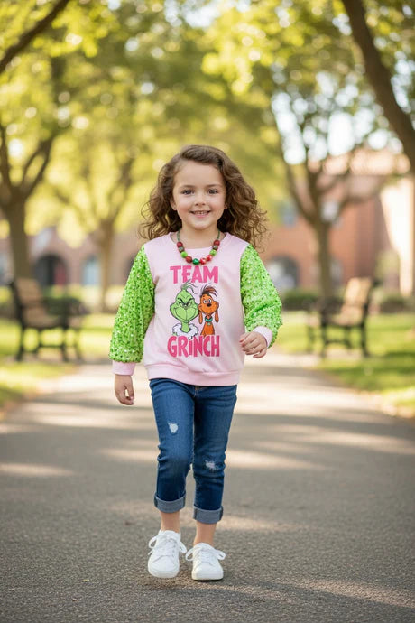 Girls Team Grinch Pink Sweatshirt With Green Sequin Sleeves