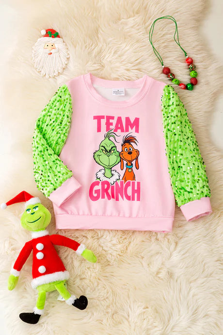 Girls Team Grinch Pink Sweatshirt With Green Sequin Sleeves