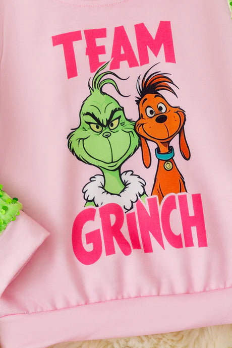Girls Team Grinch Pink Sweatshirt With Green Sequin Sleeves
