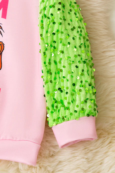 Girls Team Grinch Pink Sweatshirt With Green Sequin Sleeves