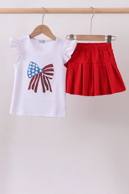 Girls Americana White Bow Sequin Skort Set