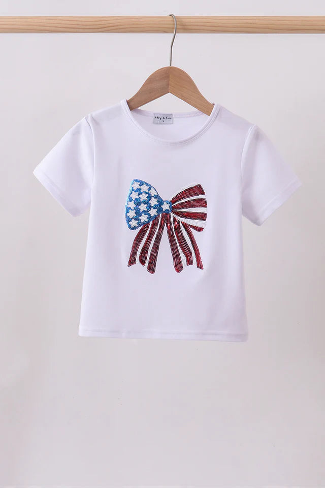 Girls Americana White Bow Sequin Top