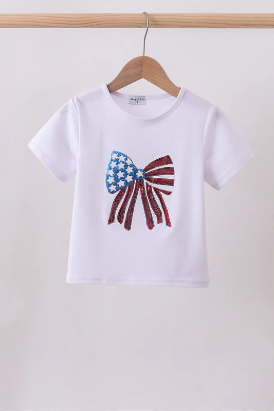 Girls Americana White Bow Sequin Top