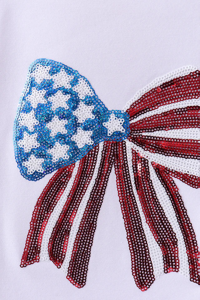 Girls Americana White Bow Sequin Top
