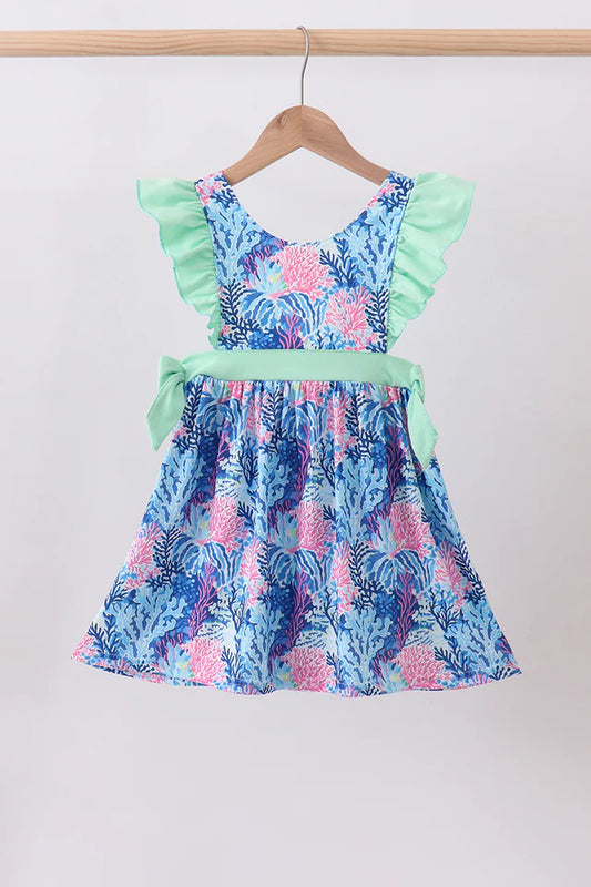 Girls Blue & Mint Marine Print Ruffle Dress