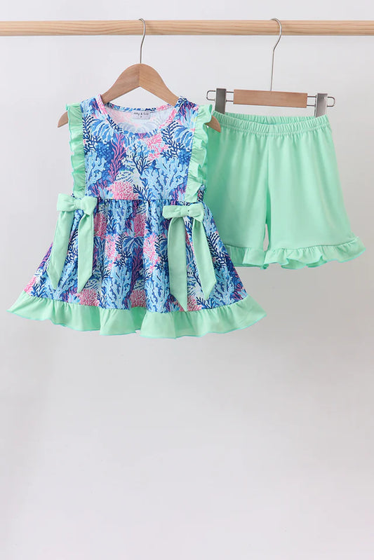 Girls Blue & Mint Marine Print Ruffle Set