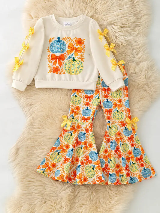 Girls Bow & Pumpkin Printed On Ivory & Printed Bottoms
