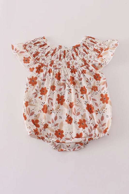 Girls Fall Floral Print Smocked Bubble
