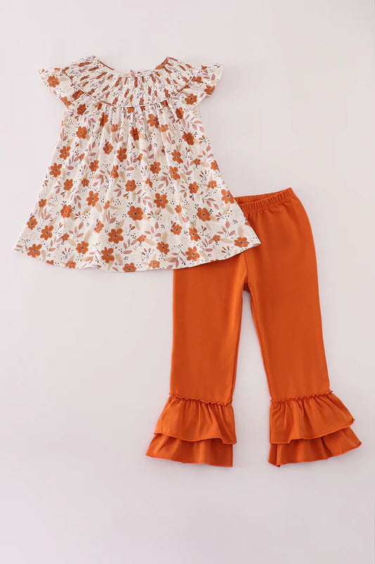 Girls Fall Floral Print Smocked Ruffle Pants Set