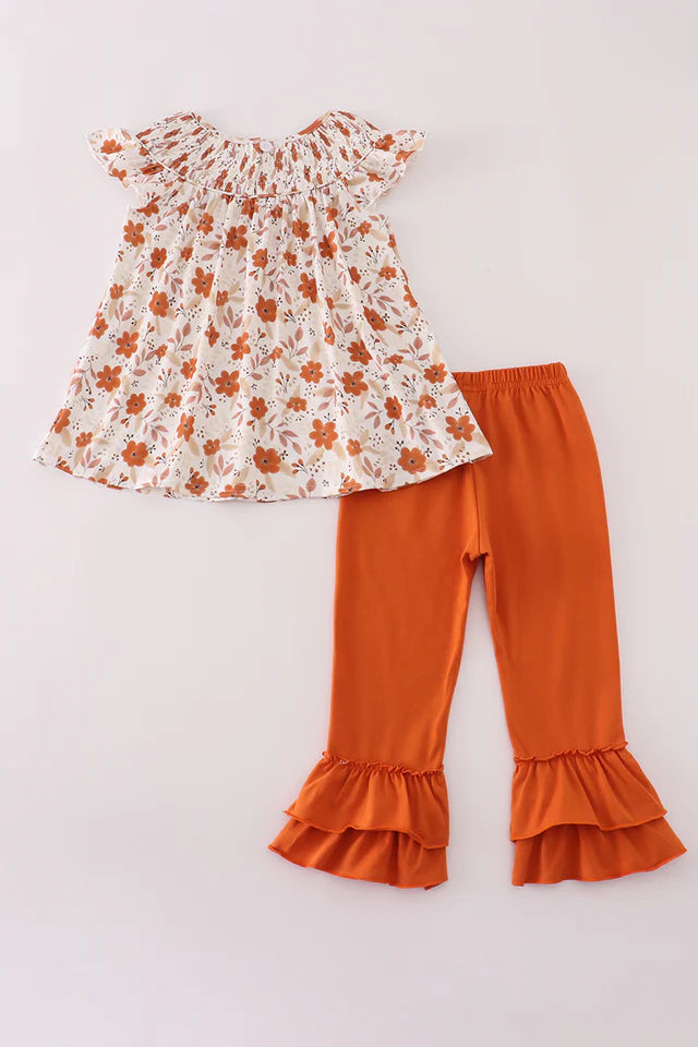 Girls Fall Floral Print Smocked Ruffle Pants Set