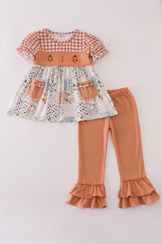 Girls Fall Floral Print Turkey Pumpkin Embroidery Ruffle Pants Set