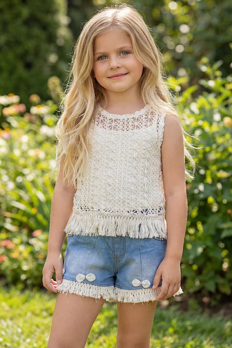 Girls Ivory Lace Tank Top With Spaghetti Top And Shorts