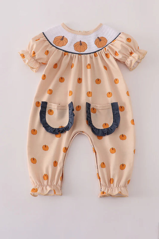 Girls Khaki Pumpkin Embroidery Smocked Romper