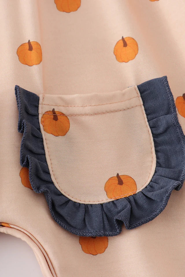 Girls Khaki Pumpkin Embroidery Smocked Romper