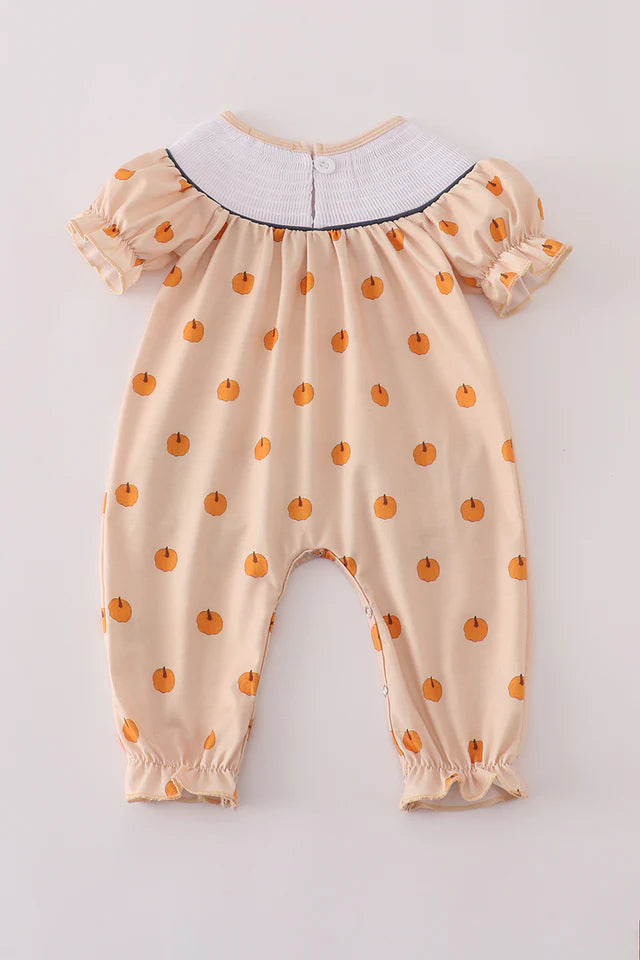 Girls Khaki Pumpkin Embroidery Smocked Romper