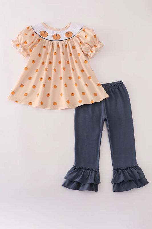 Girls Khaki Pumpkin Embroidery Smocked Ruffle Pants Set