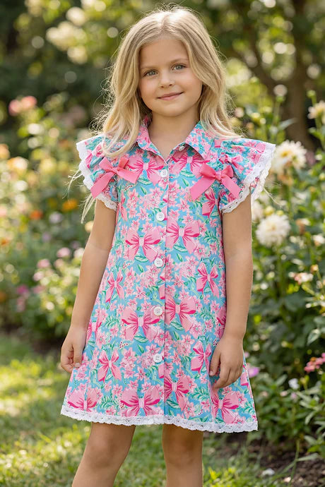 Girls Pink Coquette Bow And Floral Printed A-Line Dress
