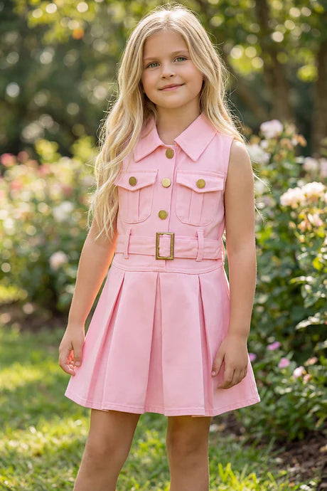 Girls Pink Denim Dress With Pleaded Skirt