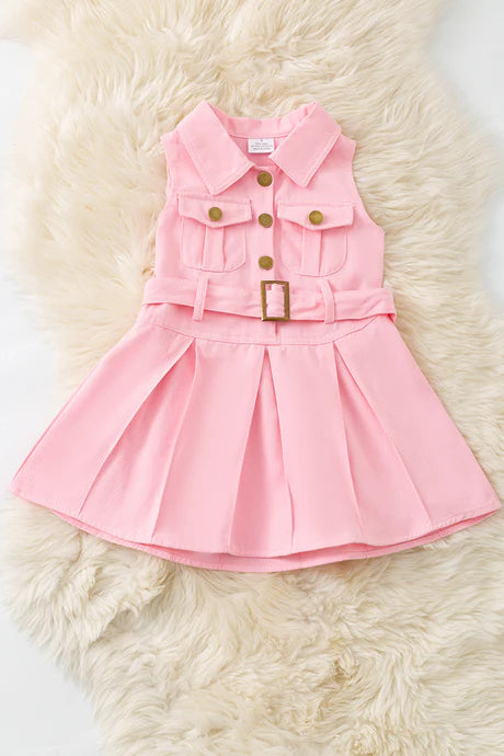 Girls Pink Denim Dress With Pleaded Skirt