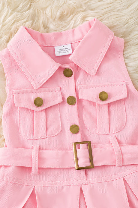 Girls Pink Denim Dress With Pleaded Skirt