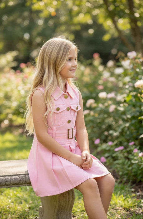 Girls Pink Denim Dress With Pleaded Skirt