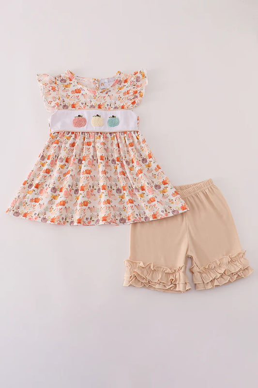 Girls Pumpkin Beige French Knot Ruffle Shorts Set