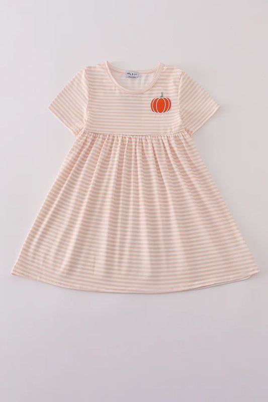Girls Pumpkin Embroidery Stripe Dress