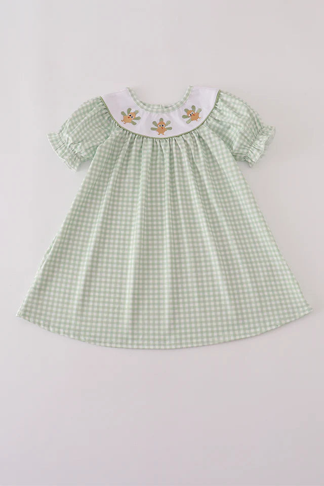 Girls Sage Turkey Embroidery Gingham Dress