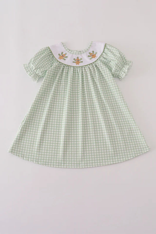 Girls Sage Turkey Embroidery Gingham Dress