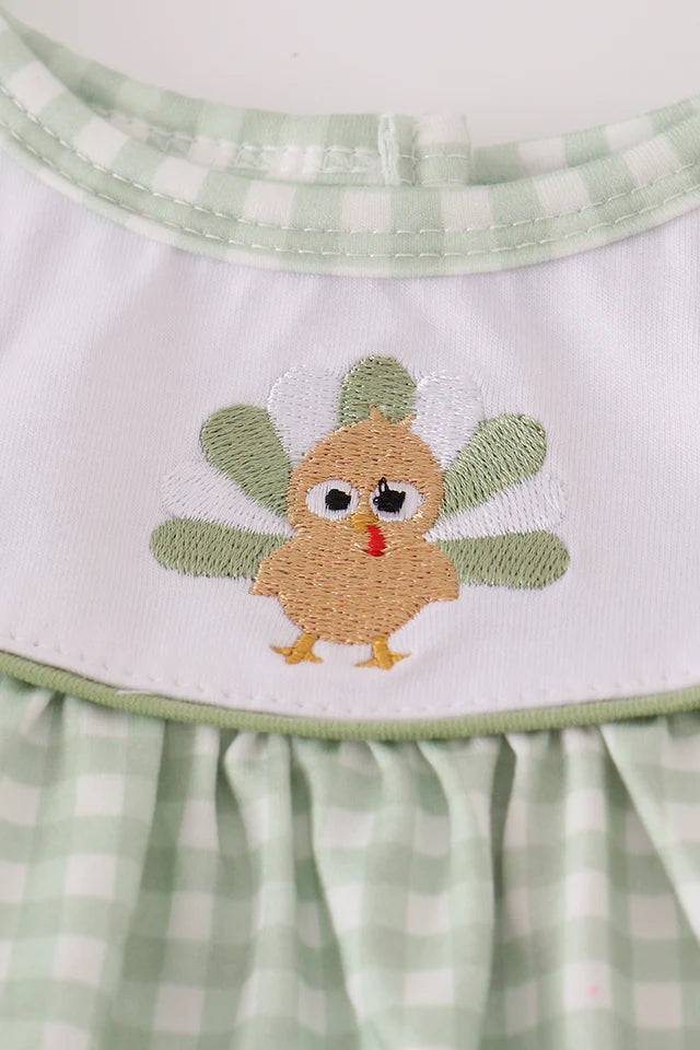 Girls Sage Turkey Embroidery Gingham Dress