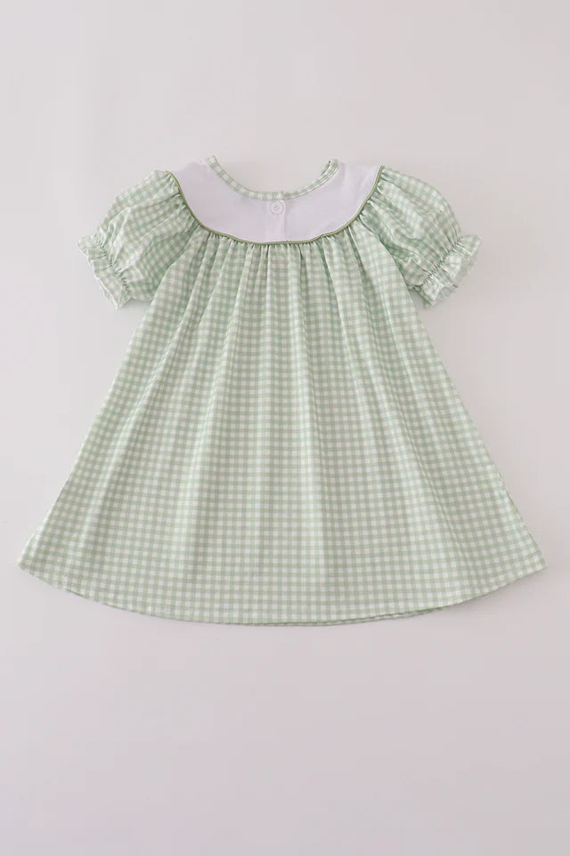 Girls Sage Turkey Embroidery Gingham Dress