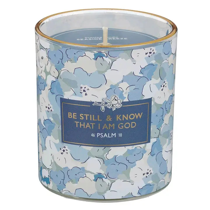 Glass Candle Blue/White Be Still & Know Ps. 46:10
