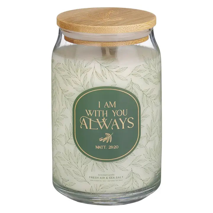 Glass Candle W/Bamboo Lid I Am with You Always Matt 28:20