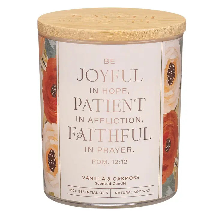 Glass Candle W/Bamboo Lid Joyful, Patient, Faithful Rom12:12