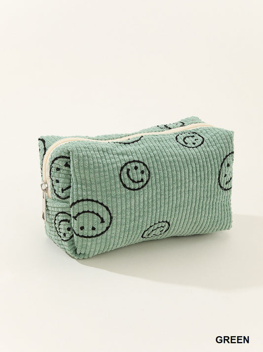 Zenana Green Smiley Face Corduroy Cosmetic Pouch Bag