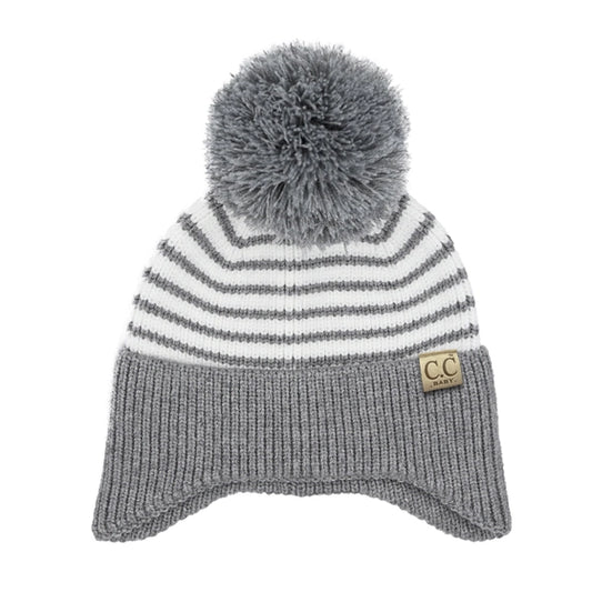 C.C Baby Stripe Earflap Yarn Pom Beanie Grey