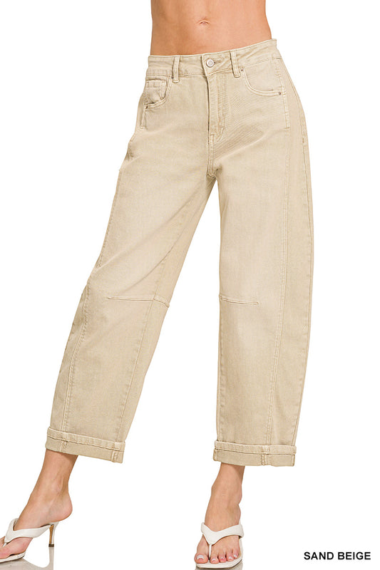 Zenana Womens High Rise Barrel-Leg Cropped Color Sand Beige Denim Pants