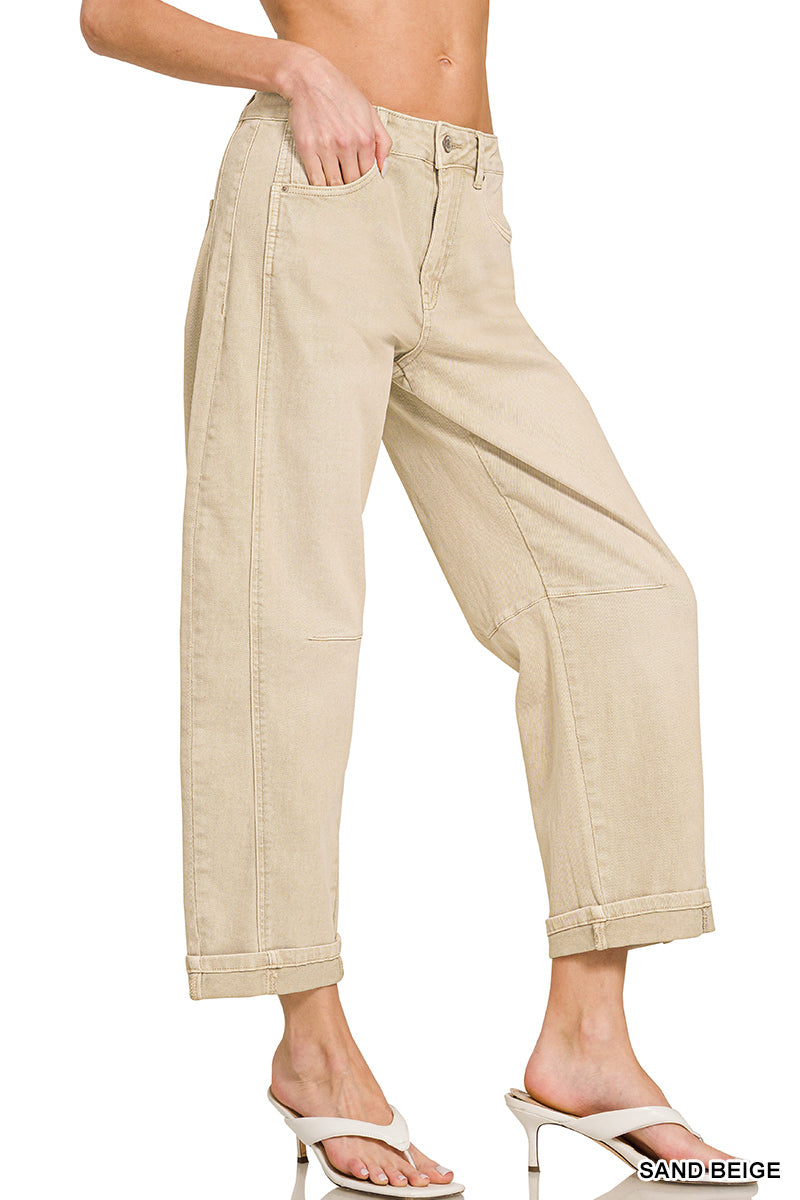 Zenana Womens High Rise Barrel-Leg Cropped Color Sand Beige Denim Pants