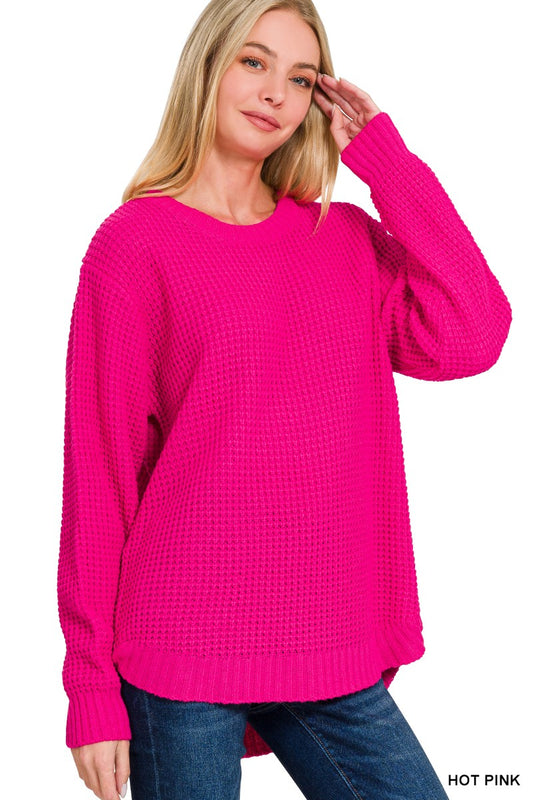 Womens Zenana Hot Pink Hi-How Long Sleeve Round Neck Waffle Sweater