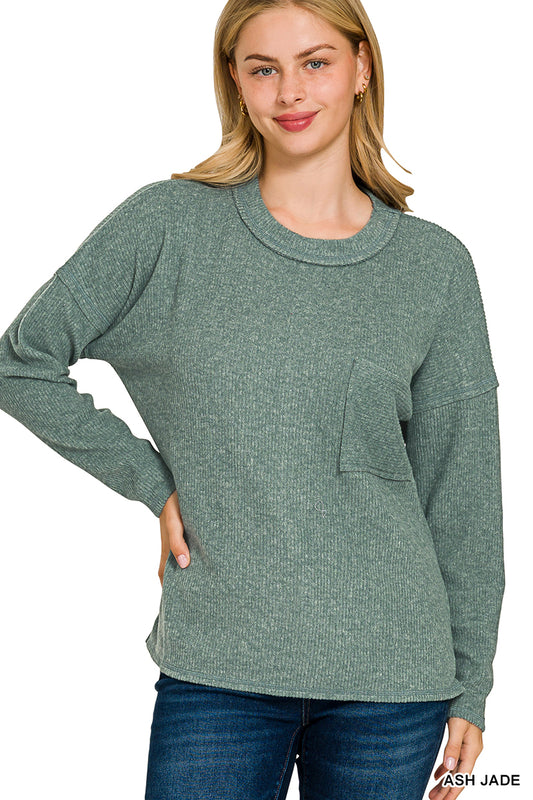 Womens Zenana Ash Jade Ribbed Brushed Melange Hacci Sweater With Pocket