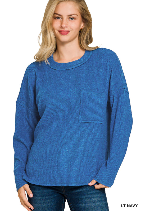 Womens Zenana Lt. Navy Ribbed Brushed Melange Hacci Sweater With Pocket